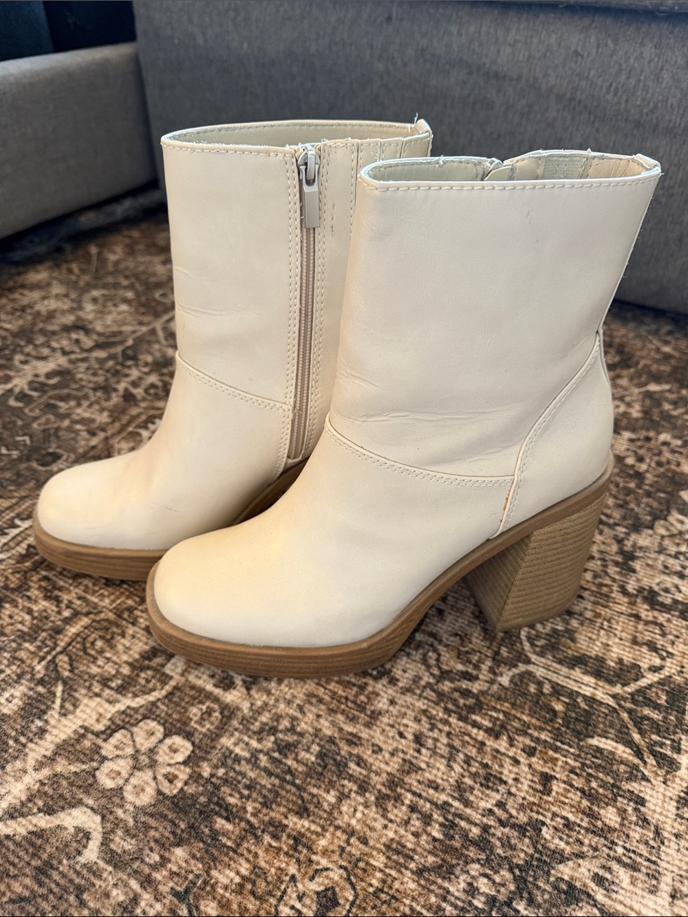 Women's Cream Block Heel Ankle Boots
